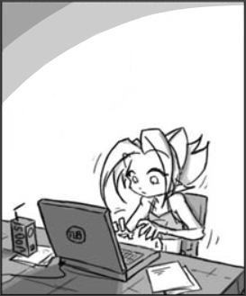 Cartoon panel of a late 20s catgirl typing on her laptop at her desk.